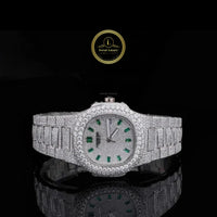 Full Iced Out Round Cut Diamond Octagonal Watch with Green Emerald-Cut Hour Markers