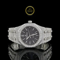 Full Iced Out Round Cut Diamond Octagonal Black Pavé Dial Watch with Double Row Diamond Bezel