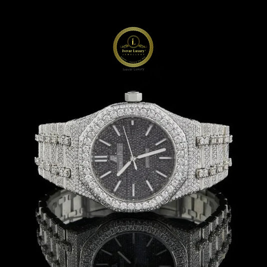 Full Iced Out Round Cut Diamond Octagonal Black Pavé Dial Watch with Double Row Diamond Bezel
