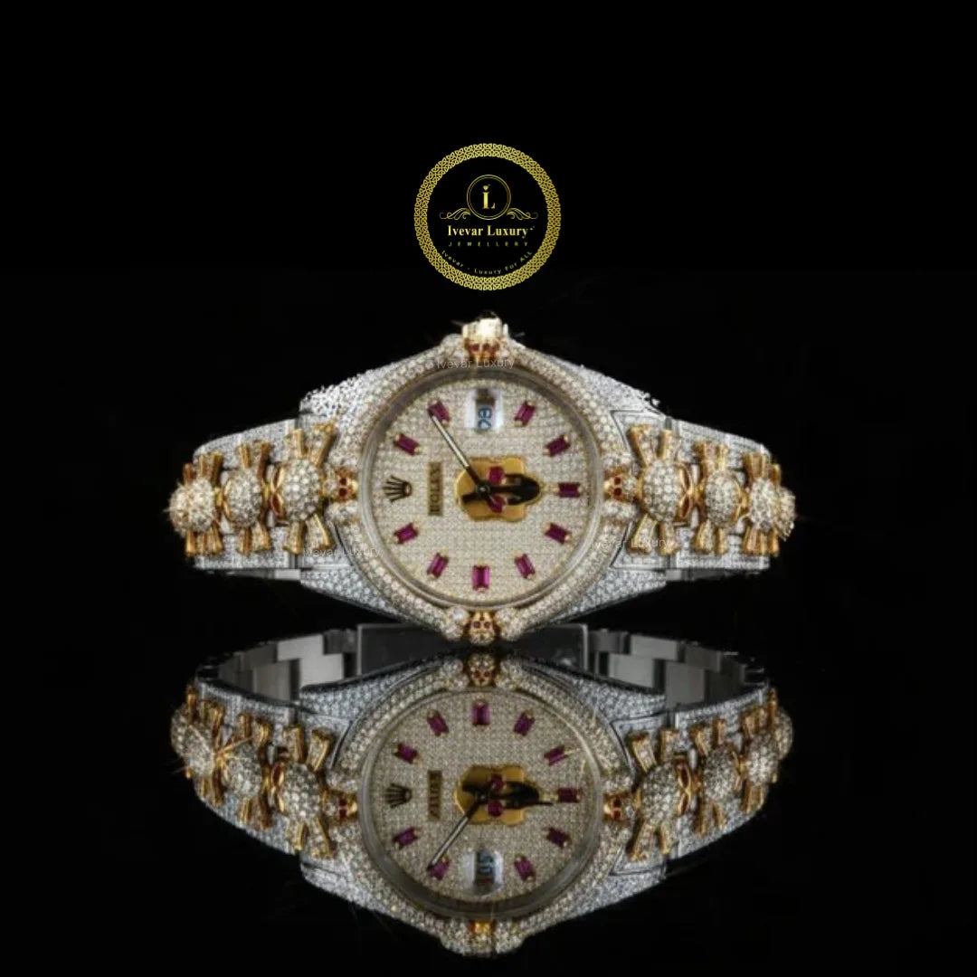 Full Iced Out Diamond Watch with Ruby Hour Markers & Custom Floral Link Band