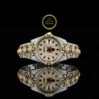 Full Iced Out Diamond Watch with Ruby Hour Markers & Custom Floral Link Band