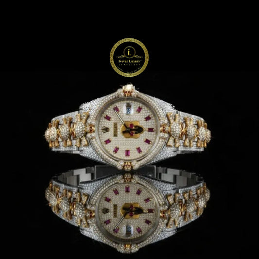 Full Iced Out Diamond Watch with Ruby Hour Markers & Custom Floral Link Band