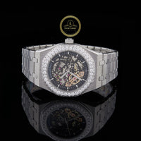 Round Cut Diamond Bezel Skeleton Dial Octagonal Watch with Steel Link Bracelet
