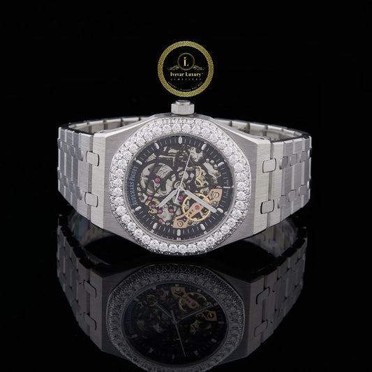Round Cut Diamond Bezel Skeleton Dial Octagonal Watch with Steel Link Bracelet