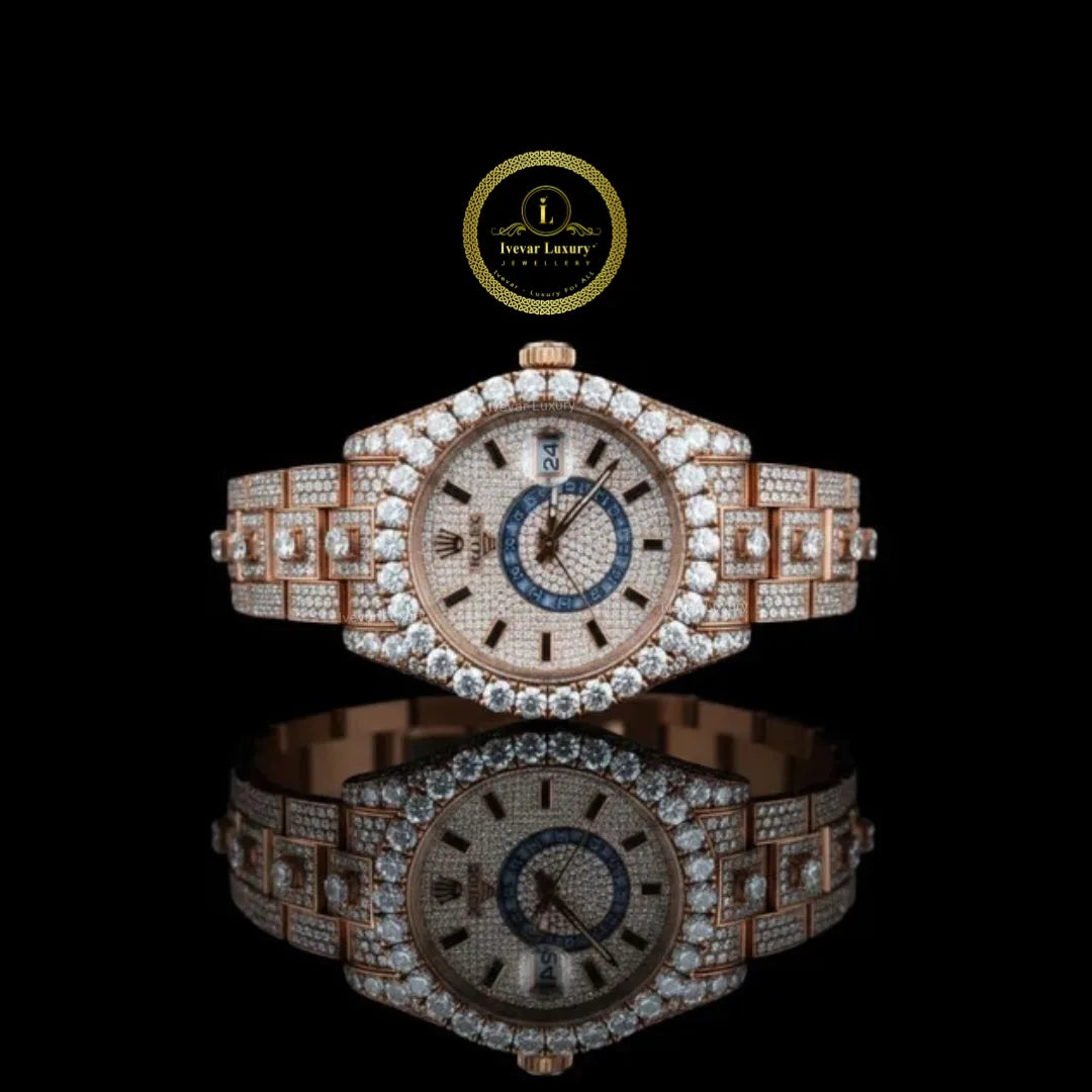 Full Iced Out Two-Tone Moissanite Diamond Watch with Big Date & 24-Hour Dial