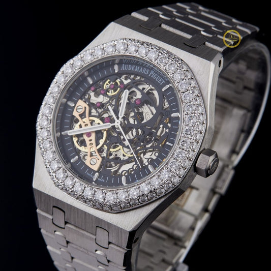 Round Cut Diamond Bezel Skeleton Dial Octagonal Watch with Steel Link Bracelet