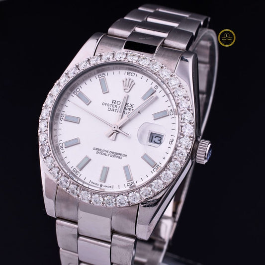 Round Cut Moissanite Diamond Bezel Oyster Perpetual Date Style Watch with Oyster Band