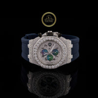 Half Iced Out Diamond Chronograph Watch with Blue Rubber Strap & Mother-of-Pearl Subdials