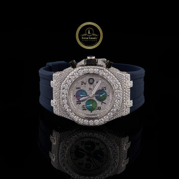 Half Iced Out Diamond Chronograph Watch with Blue Rubber Strap & Mother-of-Pearl Subdials