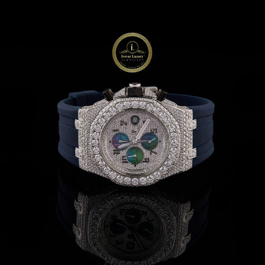Half Iced Out Diamond Chronograph Watch with Blue Rubber Strap & Mother-of-Pearl Subdials