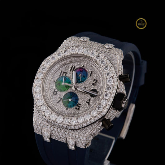 Half Iced Out Diamond Chronograph Watch with Blue Rubber Strap & Mother-of-Pearl Subdials