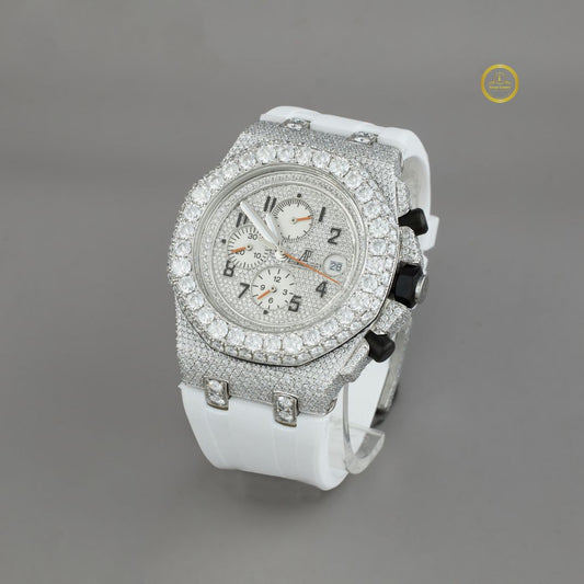 Half Iced Out Diamond Chronograph Watch with White Rubber Strap & Pavé Dial