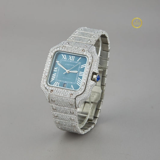 Full Iced Out Diamond Watch with Blue Sunburst Dial & Square Case