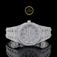 Full Iced Out Round Cut Diamond Octagonal Watch with Blue Arabic Numeral Pavé Dial