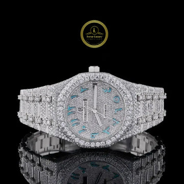 Full Iced Out Round Cut Diamond Octagonal Watch with Blue Arabic Numeral Pavé Dial
