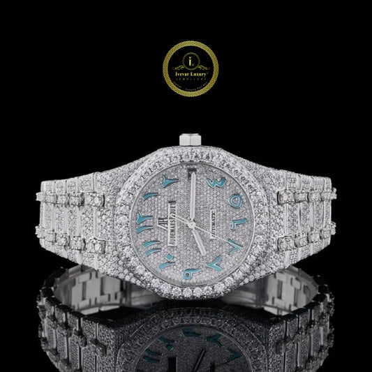 Full Iced Out Round Cut Diamond Octagonal Watch with Blue Arabic Numeral Pavé Dial