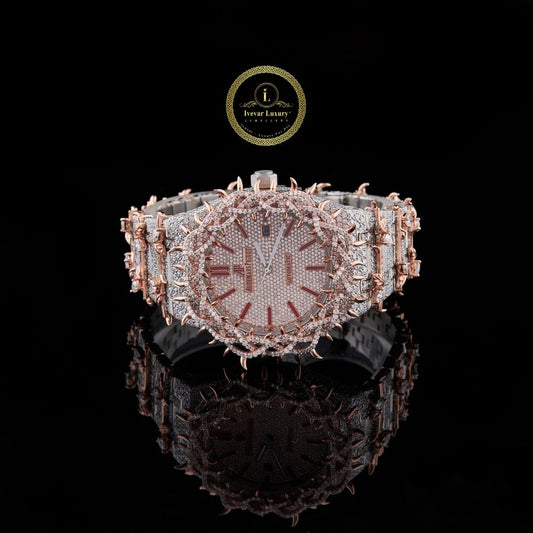 Full Iced Out Diamond Thorn Bezel Watch with Rose Pavé Dial & Two-Tone Finish