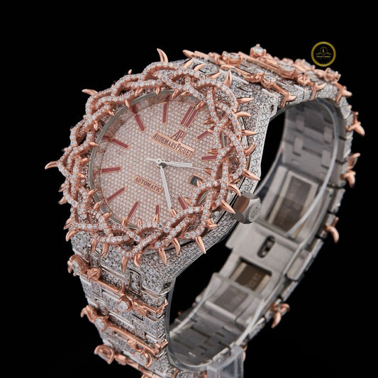 Full Iced Out Diamond Thorn Bezel Watch with Rose Pavé Dial & Two-Tone Finish