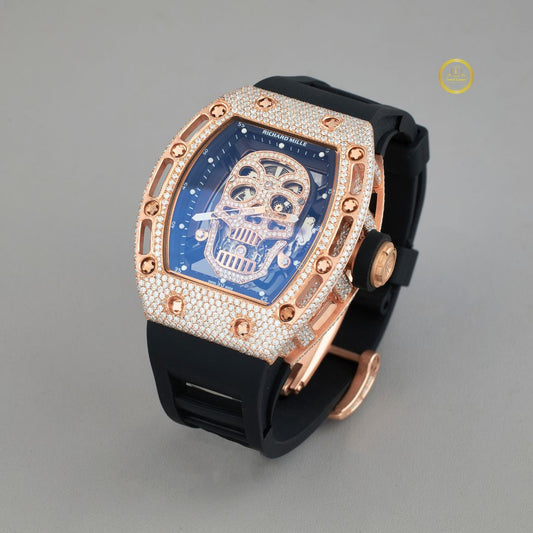 Rose Gold Diamond Skull Skeleton Watch with Pavé Case & Black Rubber Strap