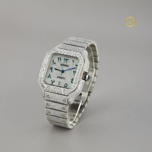 Full Iced Out Diamond Square Watch with Blue Arabic Numerals & Pavé Bracelet