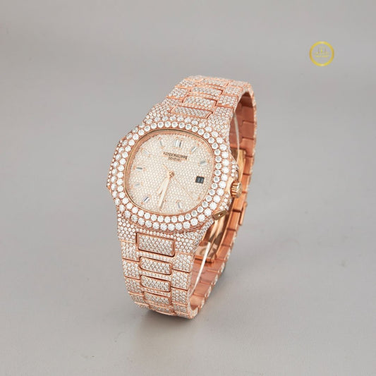 Full Iced Out Rose Gold Diamond Watch with Pavé Dial & Diamond Bracelet