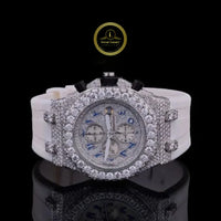 Round Cut Diamond Chronograph Watch with Blue Arabic Numeral Dial & White Rubber Strap