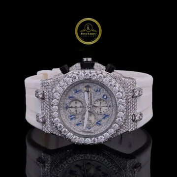 Round Cut Diamond Chronograph Watch with Blue Arabic Numeral Dial & White Rubber Strap