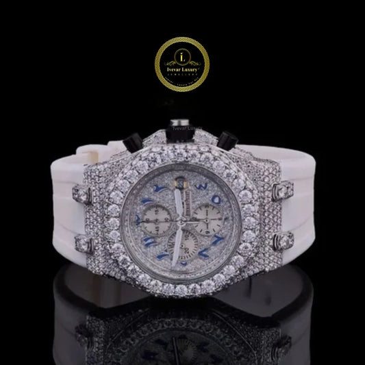 Round Cut Diamond Chronograph Watch with Blue Arabic Numeral Dial & White Rubber Strap