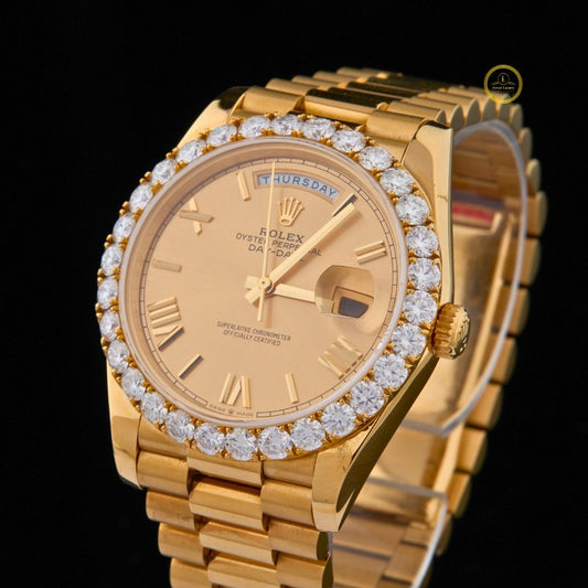 Round Cut Diamond Bezel Champagne Dial President Bracelet Day-Date Watch