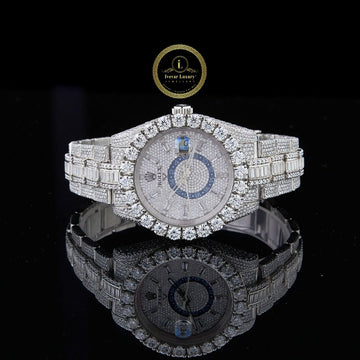 Full Iced Out Diamond Watch with Baguette Links Big Date & 24-Hour Dial