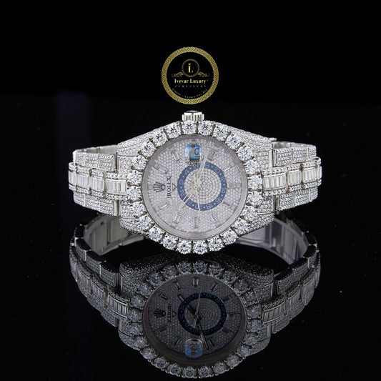 Full Iced Out Diamond Watch with Baguette Links Big Date & 24-Hour Dial
