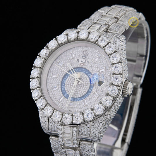 Full Iced Out Diamond Watch with Baguette Links Big Date & 24-Hour Dial