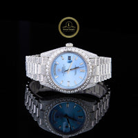 Full Iced Out Diamond Day-Date Watch with Ice Blue Dial & Diamond Bezel