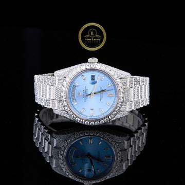 Full Iced Out Diamond Day-Date Watch with Ice Blue Dial & Diamond Bezel