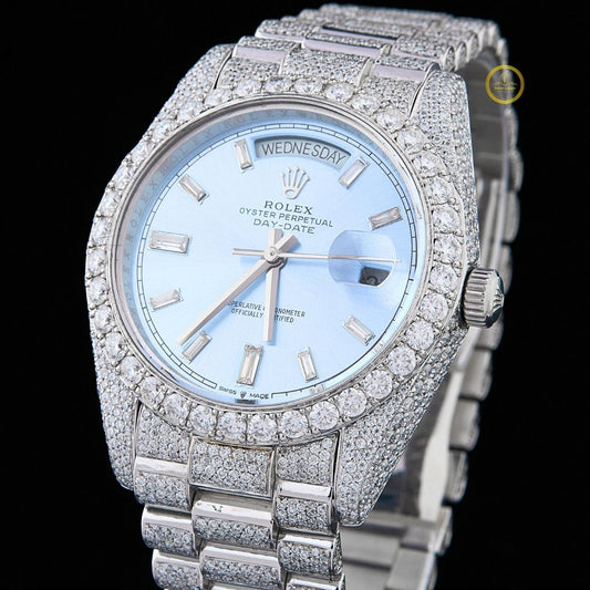 Full Iced Out Diamond Day-Date Watch with Ice Blue Dial & Diamond Bezel