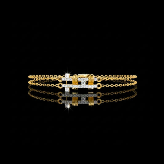 0.27 TCW Exquisite Double Layered Bracelet with Sparkling Diamond Studded Geometric Motif and Delicate Chain Design