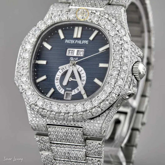 Full Iced Out Diamond Moonphase Watch with Blue Sunburst Dial & Day Date Display