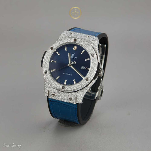 Blue Dial Diamond Dress Watch with Pave Bezel & Blue Leather Strap