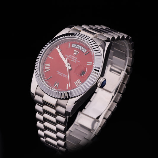 Red Sunburst Dial Stainless Steel Automatic Dress Watch