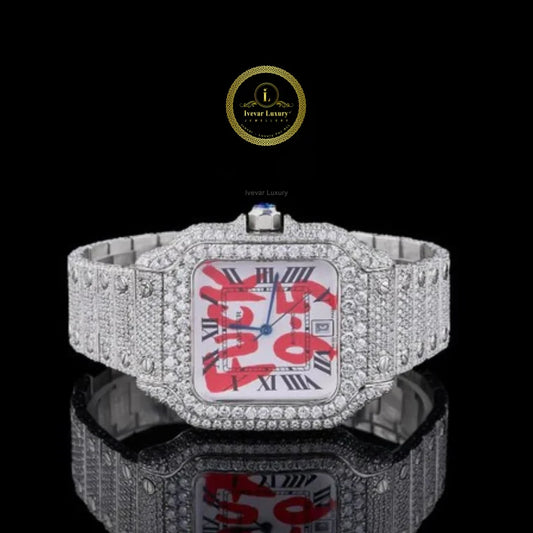 Full Iced Out Round Cut Diamond Square Watch with Graphic Roman Numeral Dial