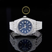 Full Iced Out Diamond Date Watch with Blue Sunburst Dial & Diamond Bezel