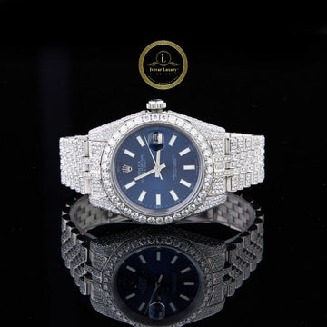 Full Iced Out Diamond Date Watch with Blue Sunburst Dial & Diamond Bezel