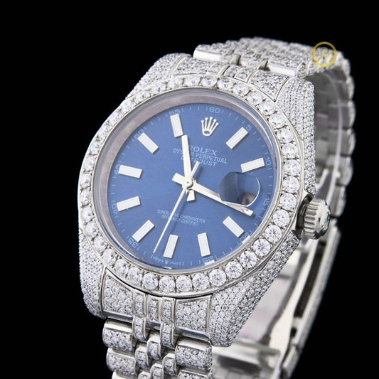 Full Iced Out Diamond Date Watch with Blue Sunburst Dial & Diamond Bezel