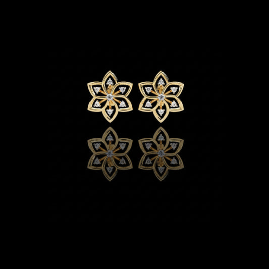 Lotus Lab Diamond Round Center Floral Stud Earrings with Round Side Stones