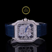 Round Cut Diamond Skeleton Square Watch with Blue Leather Strap