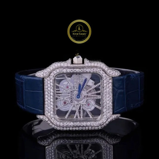 Round Cut Diamond Skeleton Square Watch with Blue Leather Strap