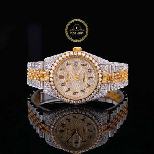Full Iced Out Diamond Day-Date Watch with Arabic Numeral Dial & Two-Tone Finish