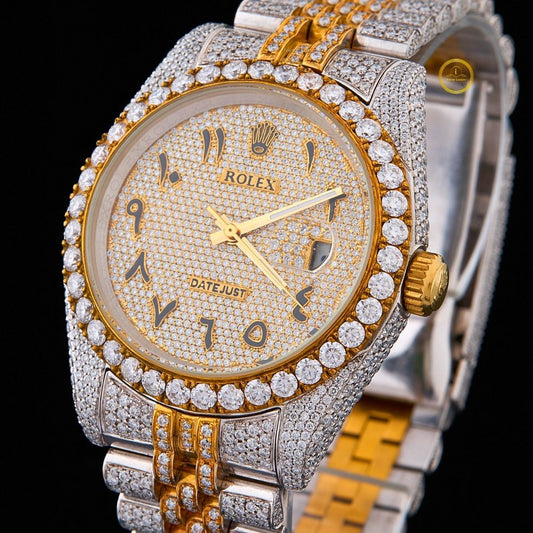 Full Iced Out Diamond Day-Date Watch with Arabic Numeral Dial & Two-Tone Finish