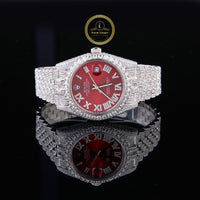 Full Iced Out Diamond Day-Date Watch with Red Sunburst Dial & Diamond Roman Numerals