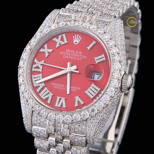 Full Iced Out Diamond Day-Date Watch with Red Sunburst Dial & Diamond Roman Numerals